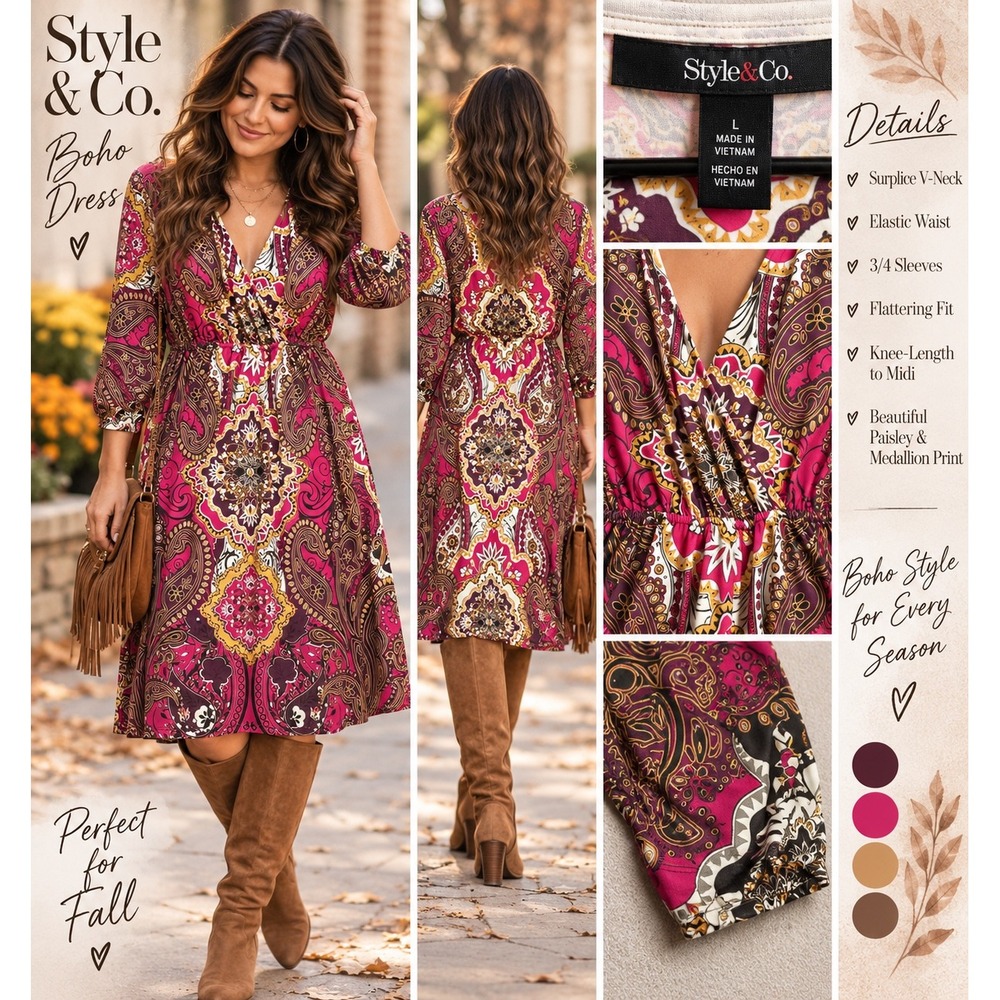 Style & Co Womens Large Pink Paisley Medallion Boho Surplice V-Neck Midi Dress